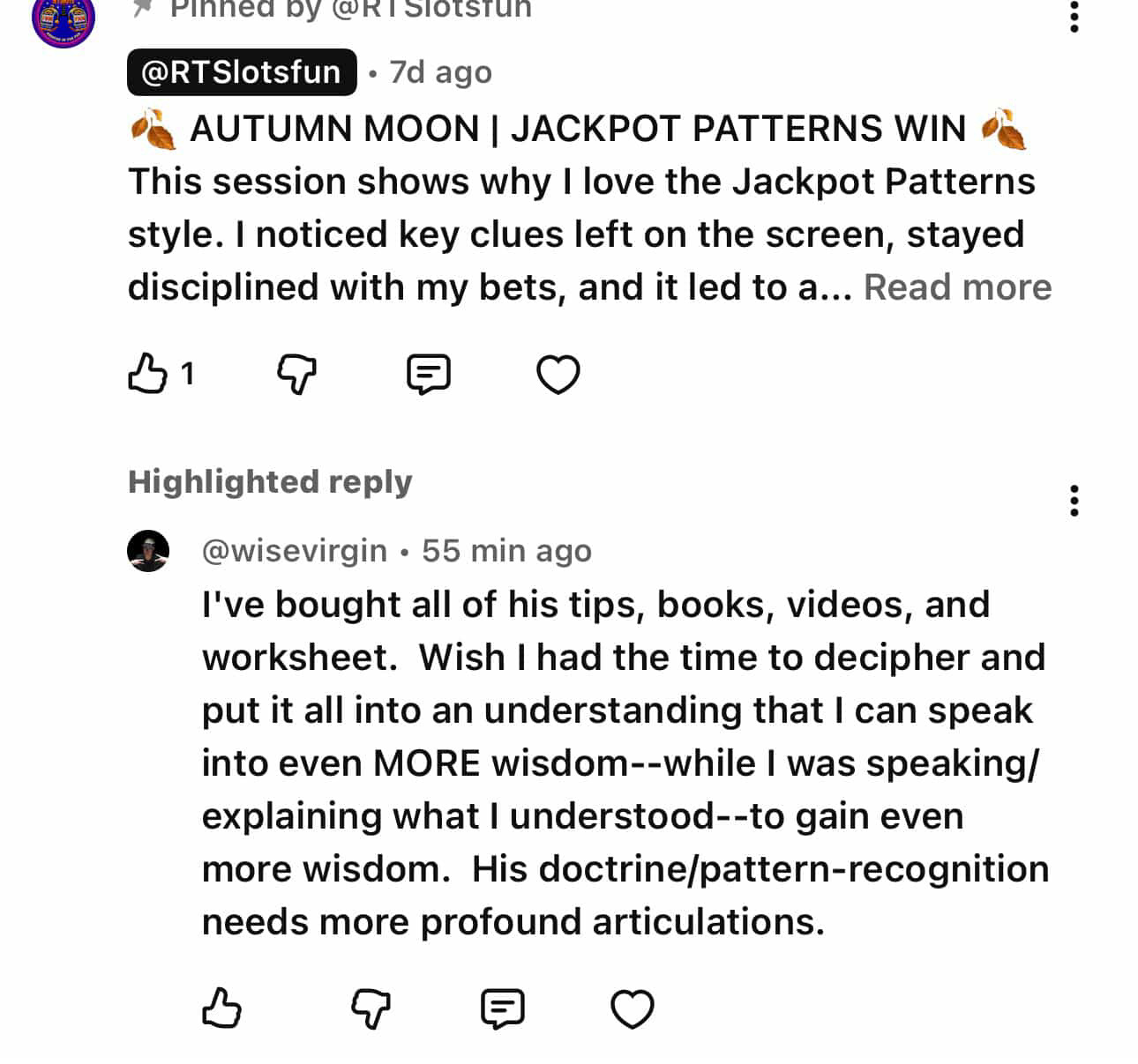 Testimonial screenshot from @RTSlotsfun